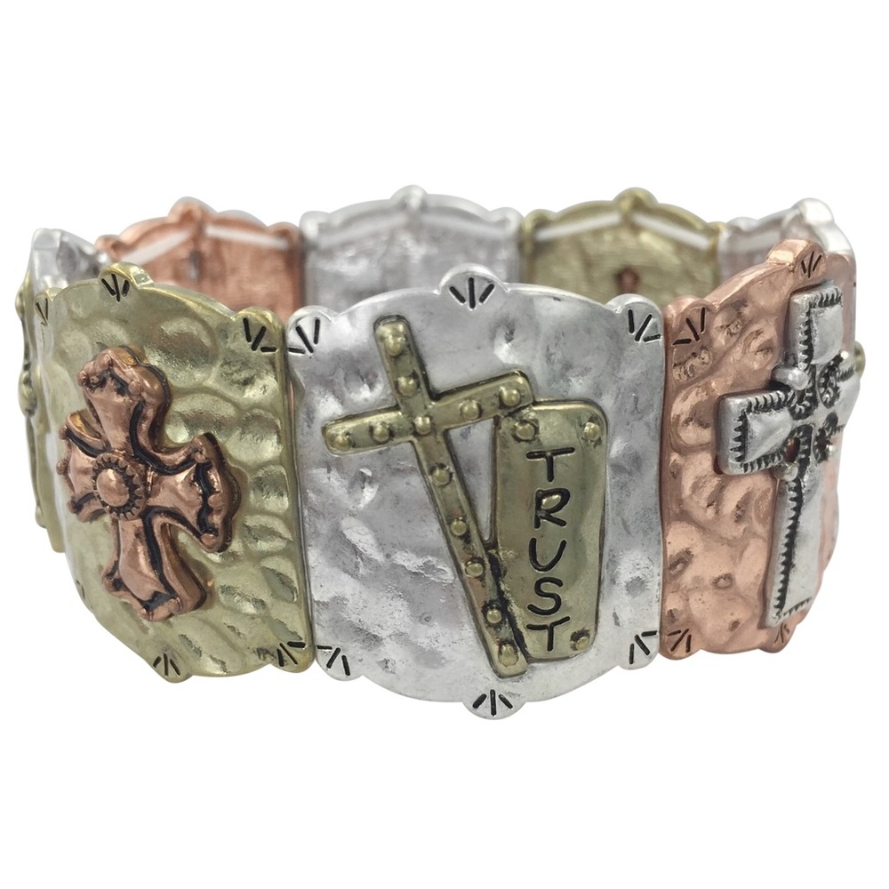Tri-Tone Mixed Metal Silver Cold Copper Christian Cross Stretch Bracelet
